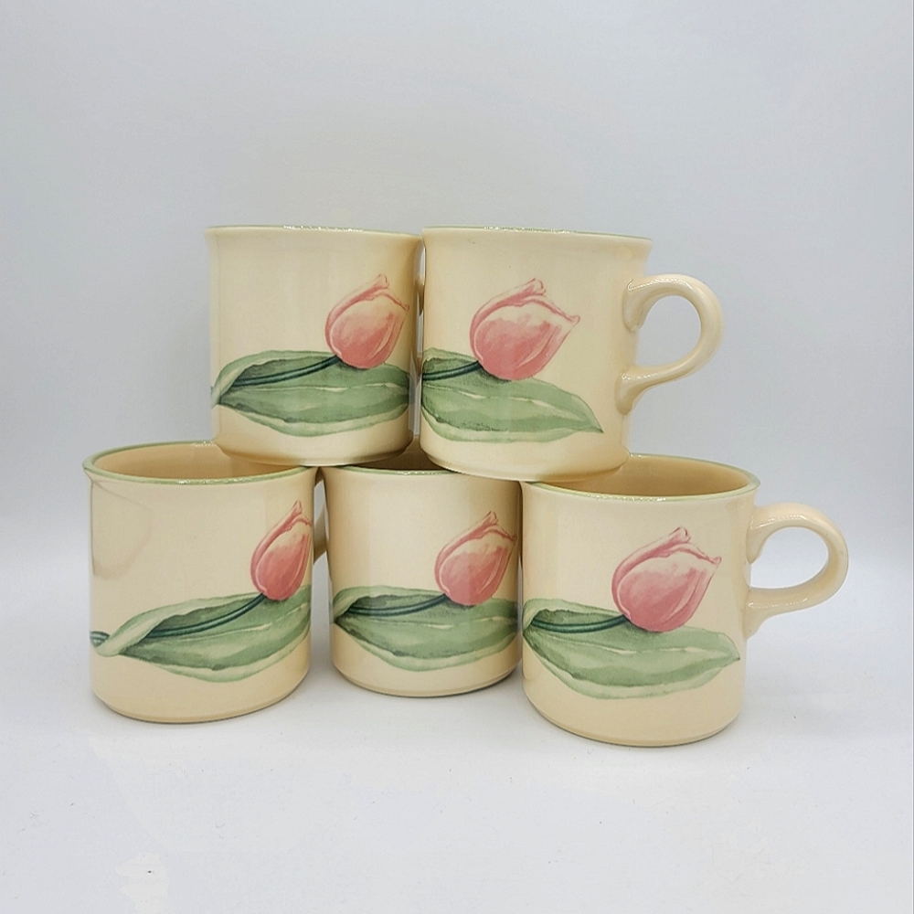 Pfaltzgraff Garden Party 5 Coffee Mugs 10 oz Tulips Cherries Floral 90s Vintage